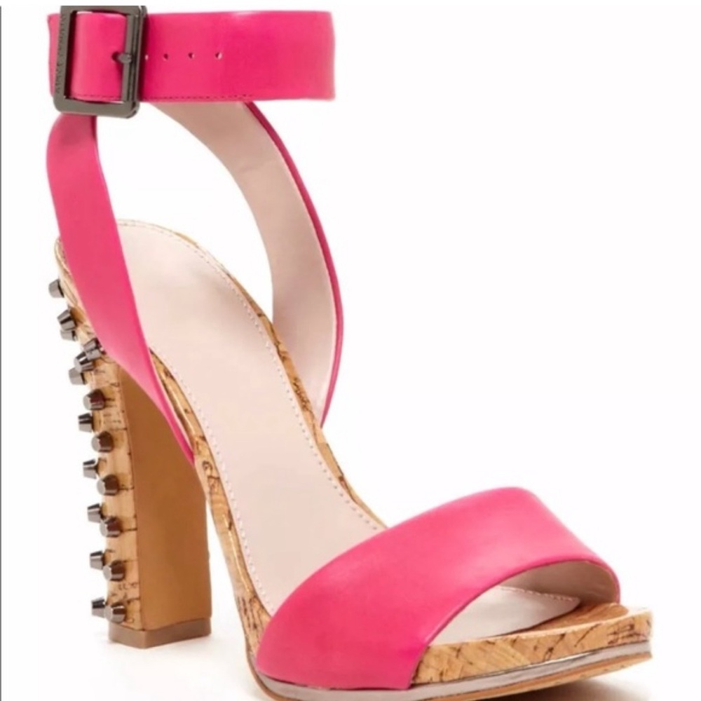Vince Camuto Altman Spiked Studded Block Wood Cork Heel Ankle Hot Pink Sz 7 NEW